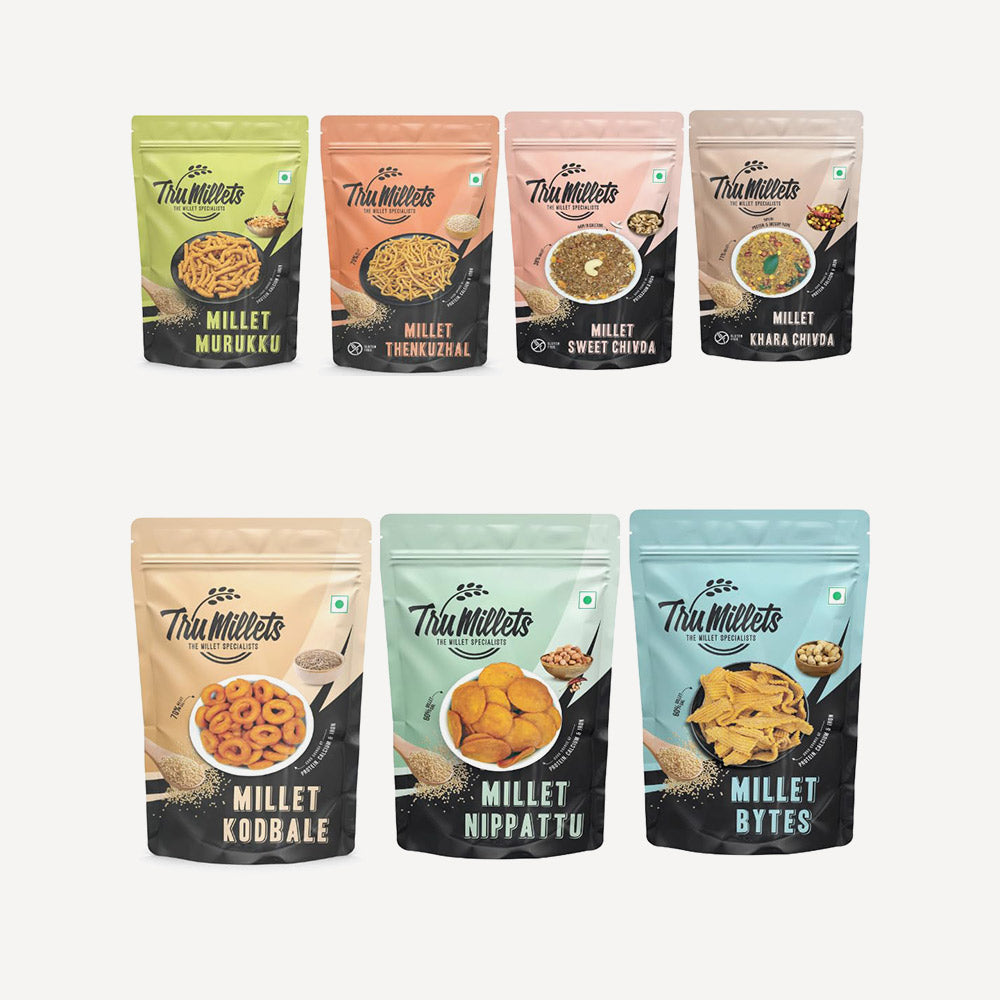 Healthy Millet Assorted Namkeen and Snacks Combo | Murukku, Bites , Sweet Chivda, Nippatu, Kodbale, Thengol, Kara Chivada
