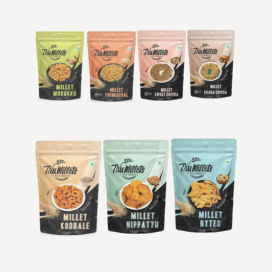 Healthy Millet Assorted Namkeen and Snacks Combo | Murukku, Bites , Sweet Chivda, Nippatu, Kodbale, Thengol, Kara Chivada