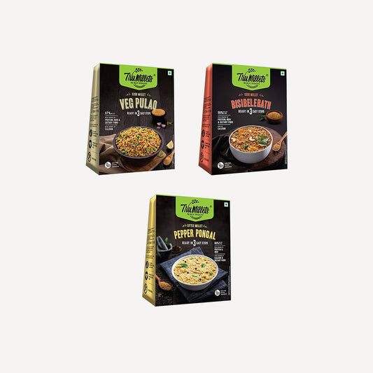 Healthy Millet Instant Mix Breakfast Combo | Veg Pulao, Pepper Pongal & Bisibelebath