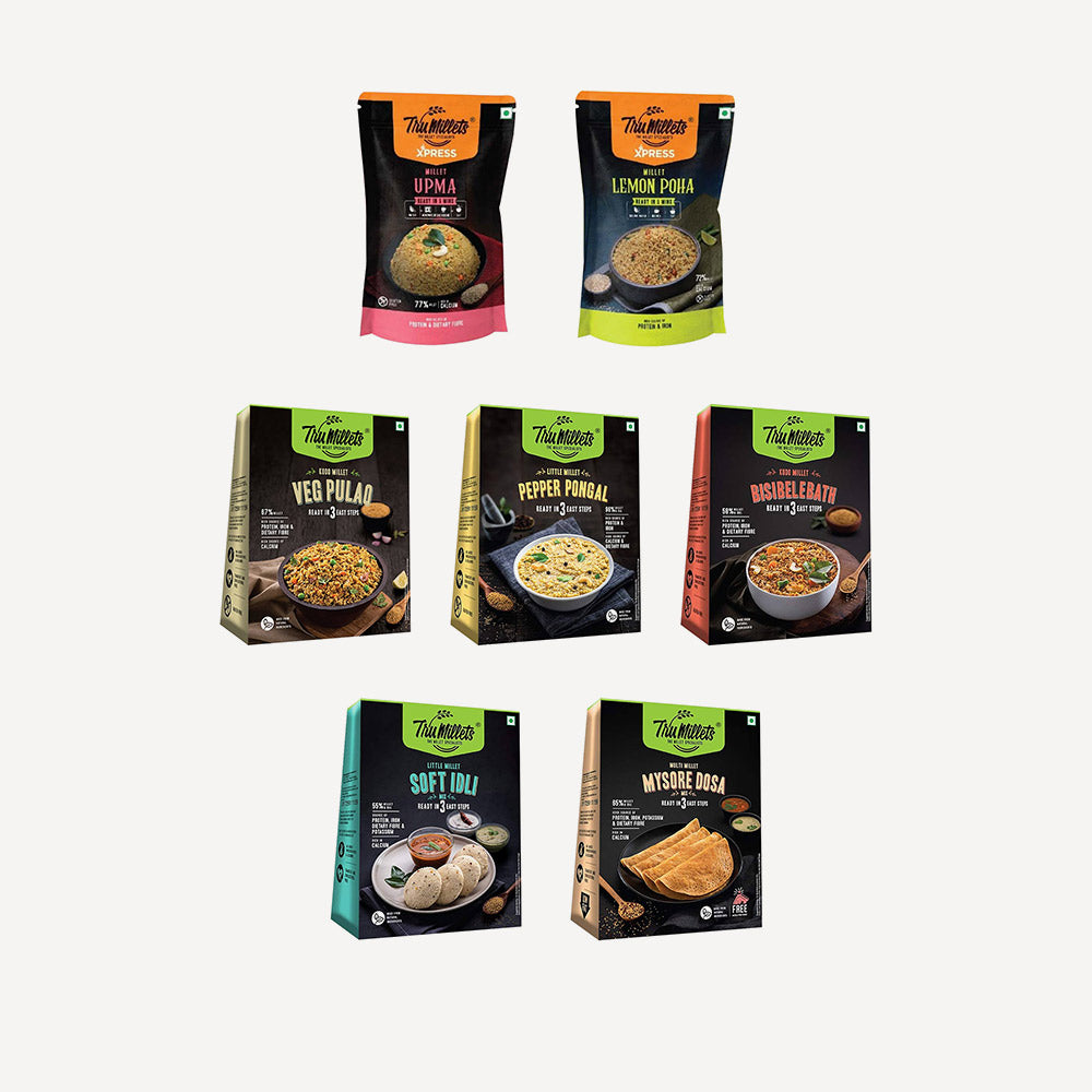 Healthy Millet Instant Mix Breakfast Combo | Veg Pulao, Masala Dosa, Soft Idli, Lemon Poha, Bisibelebath, Upma & Pepper Pongal